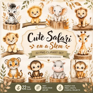Pode incluir: Um conjunto de clipart digital com ilustrações em aquarela de uma zebra, leões, elefante, girafa, tigre, macaco e hipopótamo em tocos de árvore. O texto central diz Cute Safari on a Stem 22 PNG CLIPART SET. Inclui 22 arquivos PNG.