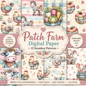 Patch Farm Digital Paper | Farm Animals Seamless Patterns | Cute Country Patchwork Papers | 12 JPG Printable Backgrounds