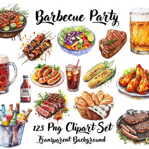 Barbecue-Clipart, süßes Barbecue, Clipart, gerösteter Mais, Salat, Bier, Fleisch, Fassbier, Brot, Getränke, Wurst, Perlenbrot