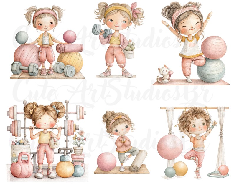 27 PNG Cute Girls at the Gym Clipart Set , Cute, Watercolor Clipart for ...