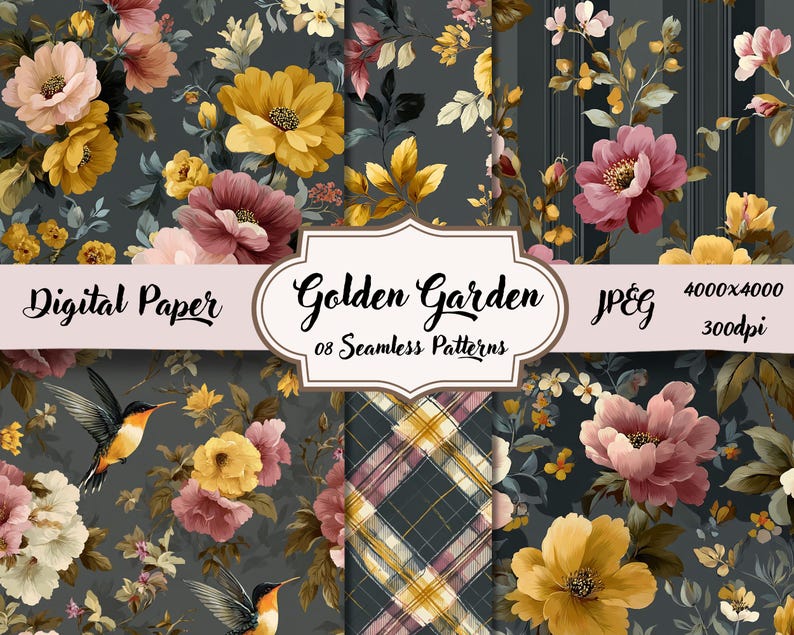 Golden Garden Digital Paper Pack | Vintage Floral Seamless Patterns ...