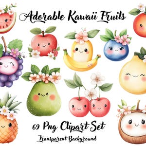 Süße Aquarell Kawaii Früchte Clipart, süße Kawaii Früchte, Früchte Clipart, Früchte, kommerzielle Nutzung, Erdbeere, Ananas, Wassermelone, Kirsche