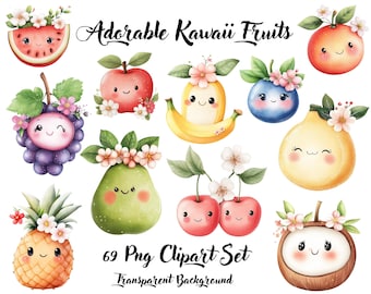 Cute Watercolor Kawaii Fruits Clipart, Cute Kawaii Fruits, Fruits Clipart, Fruits, Commercial Use, Strawberry, Pineapple, Watermelon, Cherry