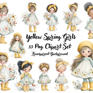 Acuarela de niñas lindas, muñecas, niñas imprimibles, clipart de niñas pequeñas, arte lindo para guardería, guardería de niñas bebé color pastel, amarillo