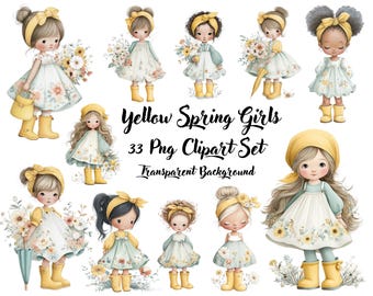 Watercolor Cute Girls, Dolls, Printable Girls, Little Girls Clipart, Cute Nursery Art, Baby Girls Nursery Pastel Color, Yellow