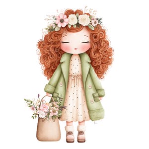 24 PNG l Floral Girl Bundle, Cottagecore Vintage Girls with Flower Crowns, Cute Pastel Girl, Shabby Chic Clipart, Printable Scrapbooking