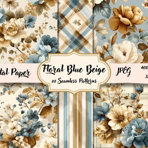 Elegant Blue Beige Floral Patterns – 8 Seamless Digital Papers, Classic Vintage Style