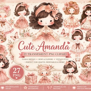 27 Cute Amanda Girls Clipart PNG Bundle, Watercolor Vintage Dolls Clipart, Floral Girls PNG, Shabby Chic Clipart, Commercial Use