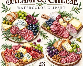 May include: A digital collection of watercolor illustrations featuring four charcuterie boards with salami, various cheeses, grapes, olives, bread, and almonds. The text SALAMI & CHEESE WATERCOLOR CLIPART and 23 PNG CLIPARTS is displayed in dark brown.