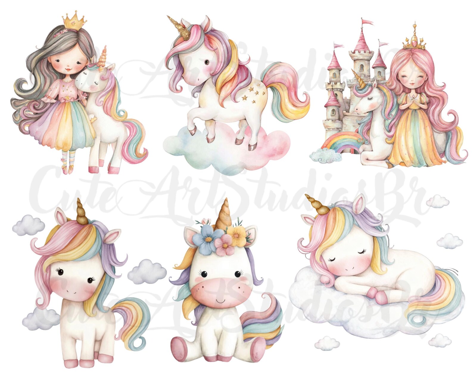 56 PNG l Unicorn and Princess Clipart Set | Watercolor PNGs | Cute ...