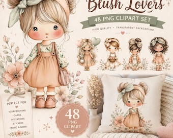 May include: A digital clipart set titled Blush Lovers featuring 48 PNG files. The graphics include illustrations of a girl with blonde hair in buns, wearing a peach dress and floral top, surrounded by flowers, plus a cushion with the same design.