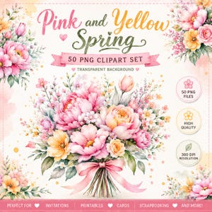 Pode incluir: Um conjunto de cliparts digitais intitulado "Pink and Yellow Spring" com arranjos florais em aquarela. A imagem inclui um buquê de flores rosa e amarelas amarrado com uma fita rosa, com texto indicando 50 arquivos PNG, fundo transparente e alta qualidade.