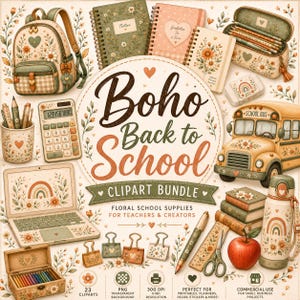Pode incluir: Um conjunto de imagens digitais de material escolar com padrões florais, incluindo uma mochila, cadernos, estojo, calculadora, portátil, autocarro escolar, garrafa de água e artigos de papelaria. O texto central diz Boho Back to School.