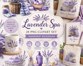 Lavender Spa Clipart Bundle | 28 PNG Watercolor Spa Elements | Lavender Bath Decor Clipart | Transparent Background | Commercial Use