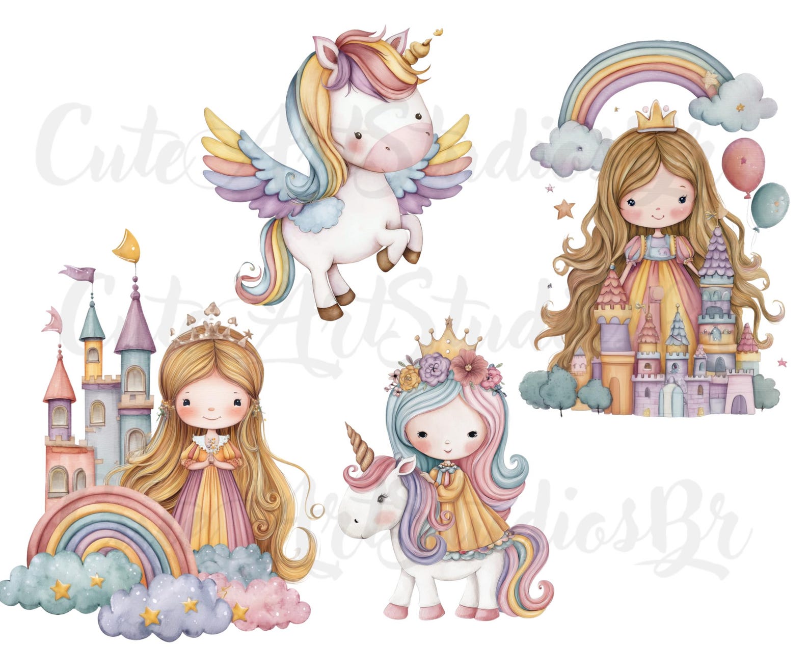 56 PNG l Unicorn and Princess Clipart Set | Watercolor PNGs | Cute ...