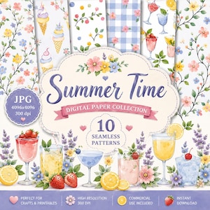Summer Time Digital Paper Pack | 10 Seamless Summer Patterns | Floral, Cocktails, Ice Cream & Gingham JPG Backgrounds