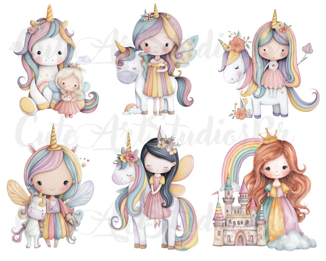56 PNG l Unicorn and Princess Clipart Set | Watercolor PNGs | Cute ...