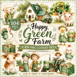 Happy Green Farm Clipart Bundle, Farm Animals PNG, Country Farm Kids, Barn, Tractor, Watercolor Clipart, 67 PNG Elements