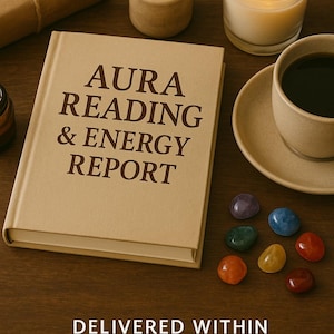 May include: A brown book with the text "AURA READING & ENERGY REPORT" on the cover. The book is on a wooden table with candles, a cup of coffee, and colorful stones.