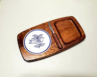 Blue Bird Wooden Cheese Plate with Trivet and Cheese Knife