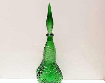 Emerald Green Glass Genie Bottle Decanter with Grapes