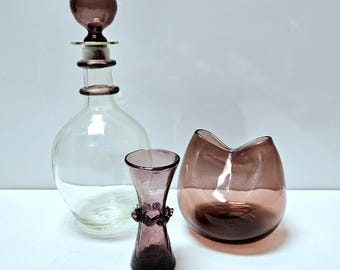 3 Piece Blenko Glass Collection Amethyst Purple