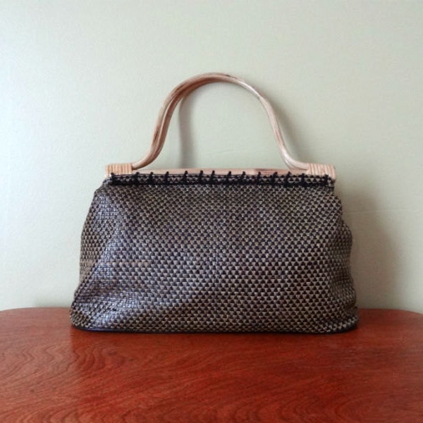 Bolso tejido negro y marrón w patrón geométrico encarga de bambú Natural