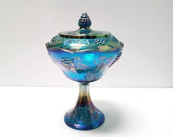 Blue Swirl Carnival Glass Candle Covered Dish or Compote with Grapes by Indiana Glass