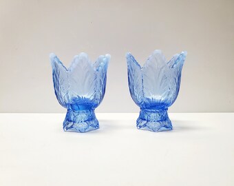 Fenton Glass Lotus Candle Holders set of Two in Misty Blue