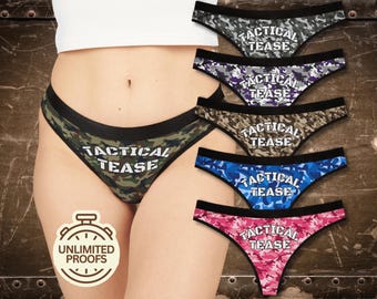 Aangepaste string - grappig camouflagebroekje met tactische tease - optioneel gepersonaliseerd ondergoed met je naam, tekst of cadeau voor haar