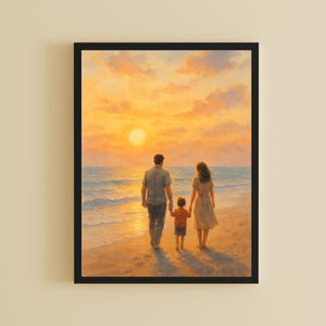 Sunset Family Walk Beach Wall Art - Watercolor Digital Print of Parents and Child - Emotional Coastal Home Decor