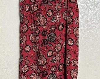 FL Malik Vintage Maxi Straight Wrap Skirt Red / Pink Floral Print Tie Waist L