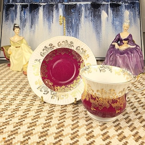 Vintage Queen&#39;s Rosina Crimson & Gold Teacup and Saucer - English Bone China