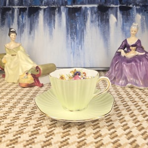 Vintage Foley Bone China Teacup & Saucer: Pale Green Floral Interior