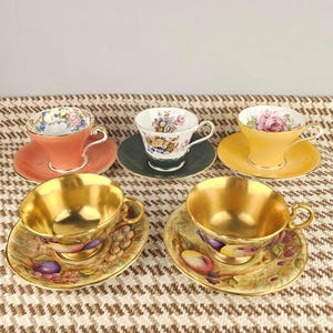 Aynsley Bone China Teacups – Orchard Gold Signed Fruit Series & Corset Shape Floral Series