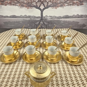 Vintage Italian Espresso Set: Brushed Gold Tone Cups, Saucers & Spoons