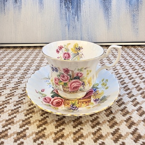 Royal Albert Vintage Teacup and Saucer – English Bone China with Floral Basket Design