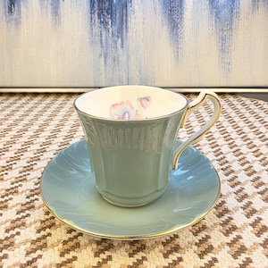 Aynsley Sage Green Poppy Teacup Set: Vintage English Bone China Duo