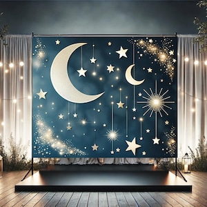 May include: A dark blue backdrop with a crescent moon and stars design, illuminated by twinkling lights. The stage is set with chairs, lanterns, and string lights, creating a dreamy ambiance. The backdrop is supported by a black stand.