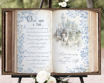 Custom Fairy Tale Castle Art - Personalized Once Upon a Time Story - Bridal Shower or Wedding Decor - Blue Floral Vintage Theme