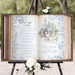 Custom Fairy Tale Castle Art - Personalized Once Upon a Time Story - Bridal Shower/Wedding Decor - Blue Floral Vintage Theme