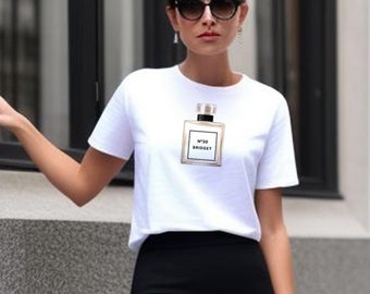 Customized Designer Perfume Bottle White T-Shirt, Softstyle, 100% US cotton, Classic fit, Gildan, Black and Pale Pink, Sophisticated