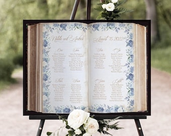 Book Seating Chart with Blue Flowers for a Fairytale Wedding - Wedding Find Your Seat Sign - Storybook Theme - Once Upon a Time Decor -