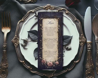 Printed Menu for Wedding - Moody Beauty & the Beast Inspired - 4x9.25" - Navy Blue and Pink Roses - Gothic - Single Sided Card - Blank Back