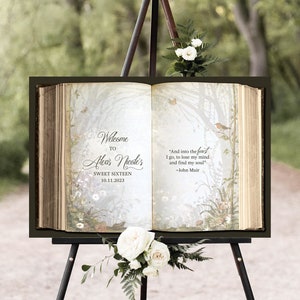 Letrero de bienvenida "Bosque Encantado" - Decoración de quinceañera con diseño de libro de cuentos, diseño plano impreso