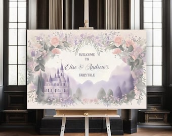 Fairytale Welcome Sign in Pink and Purple With Castle - Rapunzel Wedding - Blush Roses - Once Upon a Time - Sweet Sixteen - Quinceanera