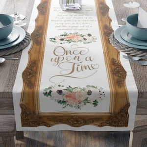 Table Runner Once Upon a Time Princess Party Decoration Floral Fairytale Crown Birthday Shower Baby Bridal Gold Storybook Wedding