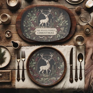May include: A rustic Christmas themed platter with a dark green and brown background featuring a white deer with antlers and the text "The Wilson Family Christmas".