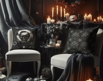 Victorian Gothic Black and White Halloween Pillows, Edgar Allan Poe Skeleton, Spider Web Lace Print, Sophisticated Halloween Decor, Elegant