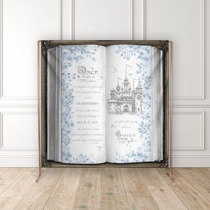 Fairytale Castle Vintage Open Book Backdrop - Custom Once Upon a Time Story - Birthday Wedding Bridal Shower Decor - Blue Floral - Sweet 16